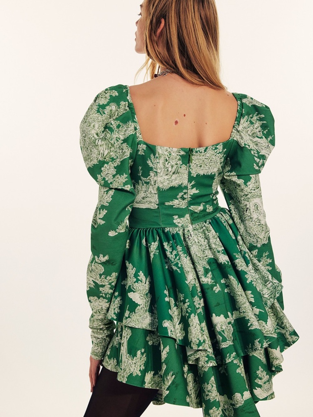 Selkie Green and Cream Long Sleeve Puff-Sleeve Mini Dress - Picture 2 of 8